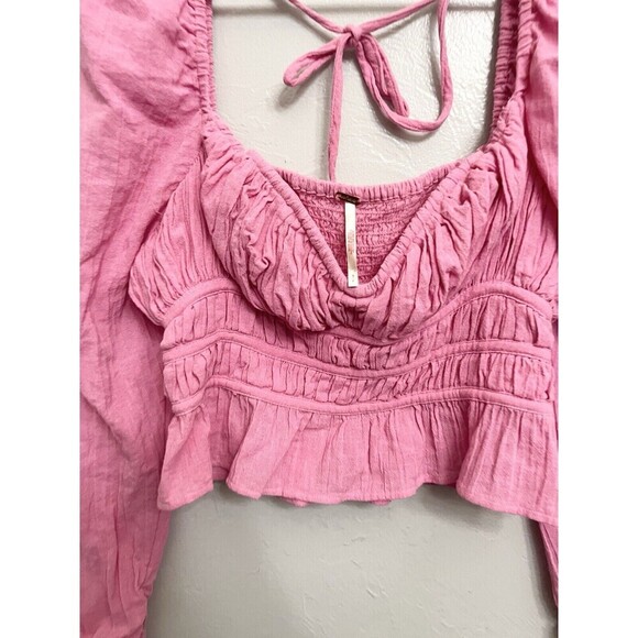 Free People Chloe Top Long Sleeve Wired Sweetheart Neckline Smocked Pink Small - Picture 5 of 10